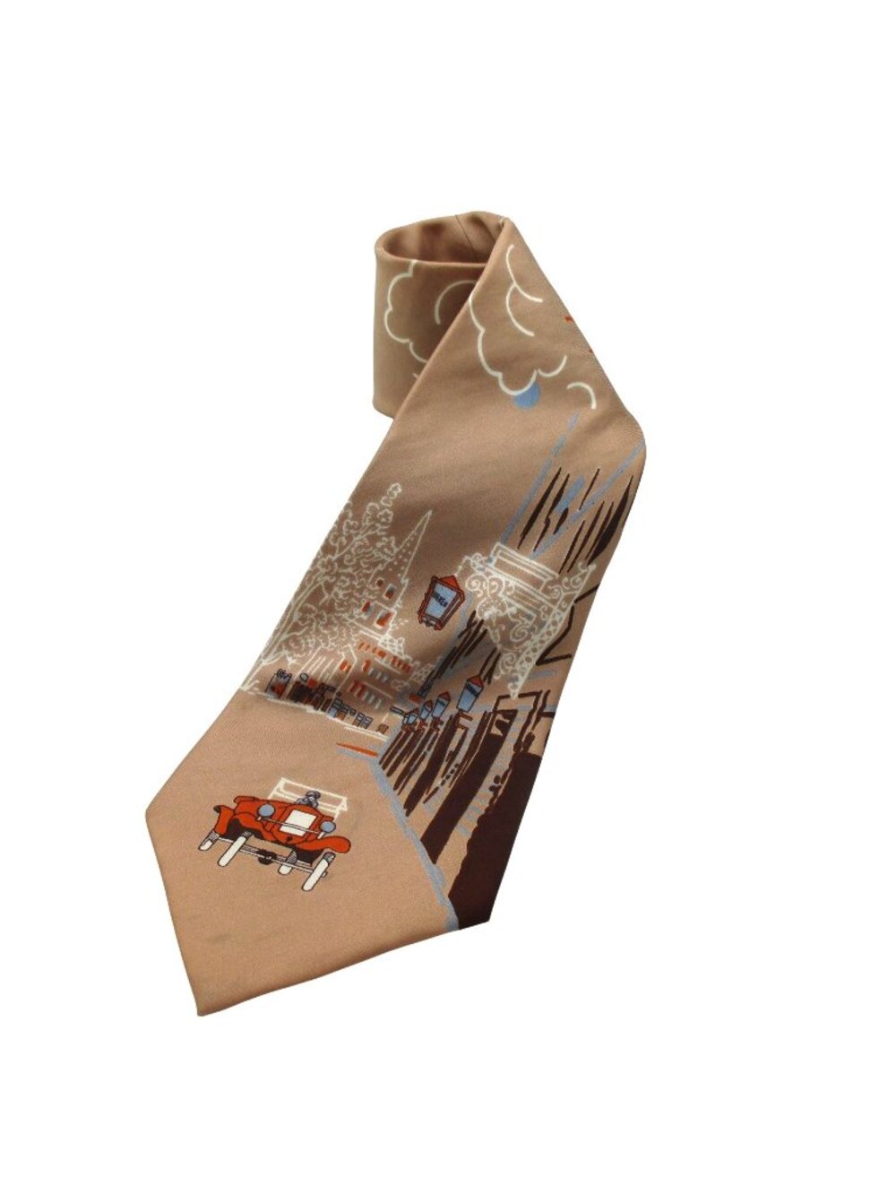 Handmade Italy Beige Tie With Vintage Car Scene Print 70s Whimsical Classic